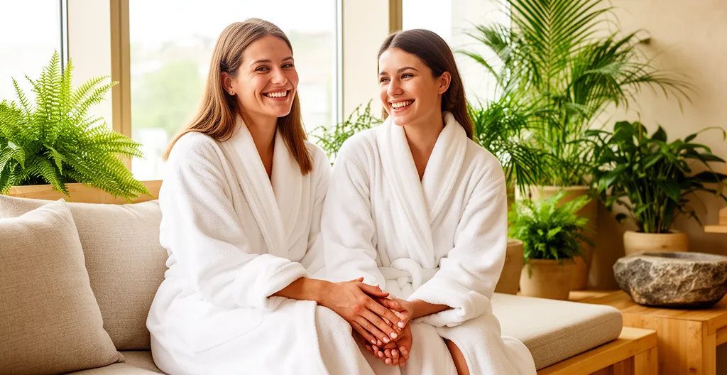 Deux femmes en peignoir blanc dans un espace spa lumineux
