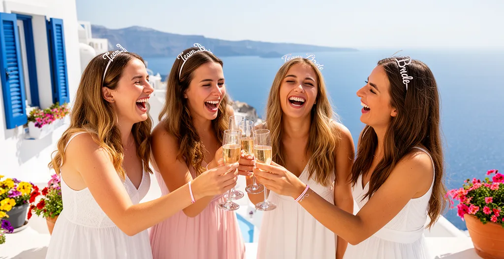 Quatre femmes trinquant sur une terrasse ensoleillée avec vue mer Méditerranée