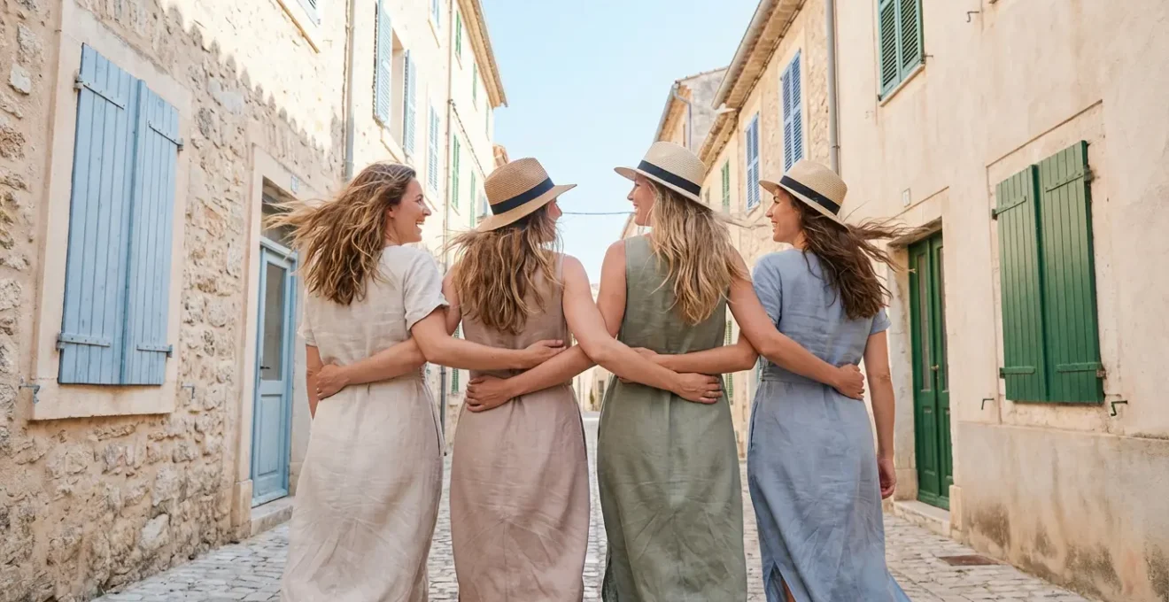 Groupe d'amies marchant bras dessus bras dessous dans une ruelle de Palma pour un EVJF